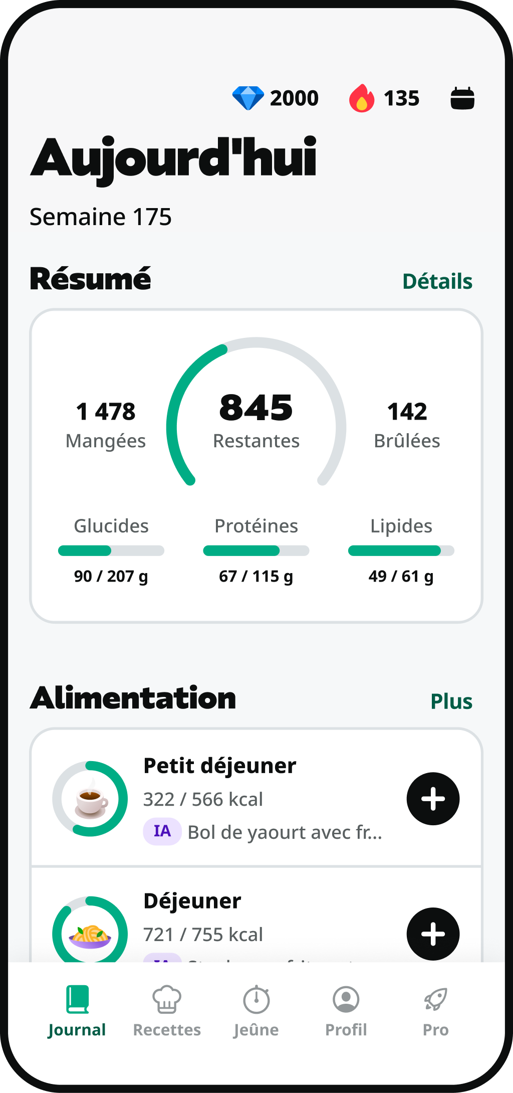 Écran du journal alimentaire